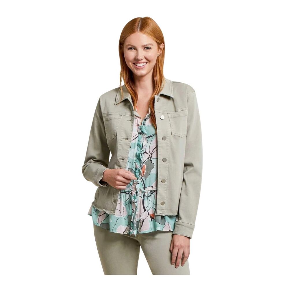 Tribal Jeans Frayed Button Up Jacket Womans Size S In Color Bay Leaf
